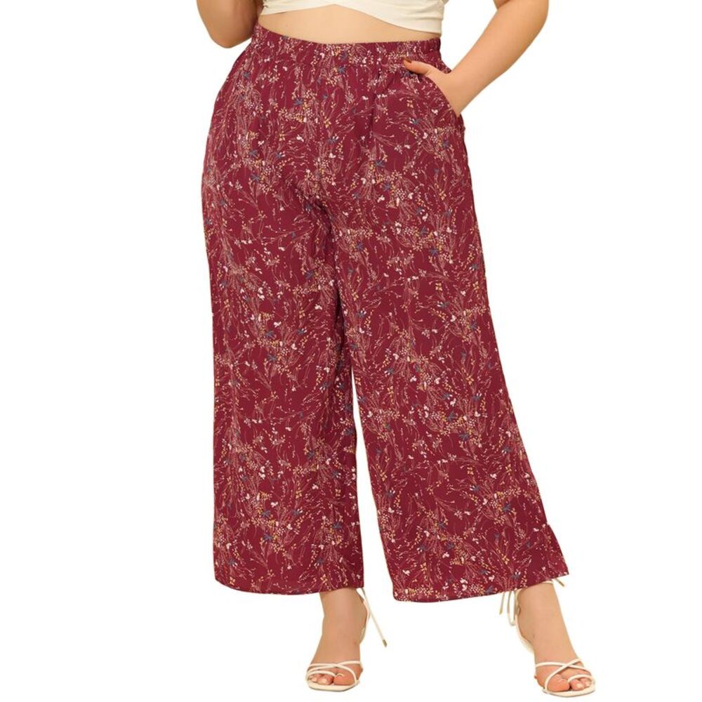 Plus Size Palazzo Pants Women High Waist Casual Paper Bag Wide Leg Red
